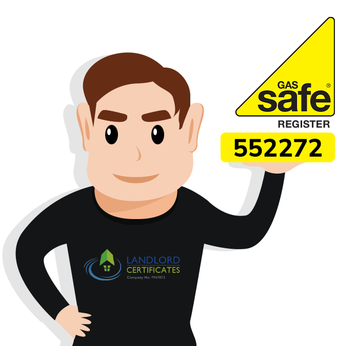A cartoon of an engineer holds the Gas Safe Register Logo